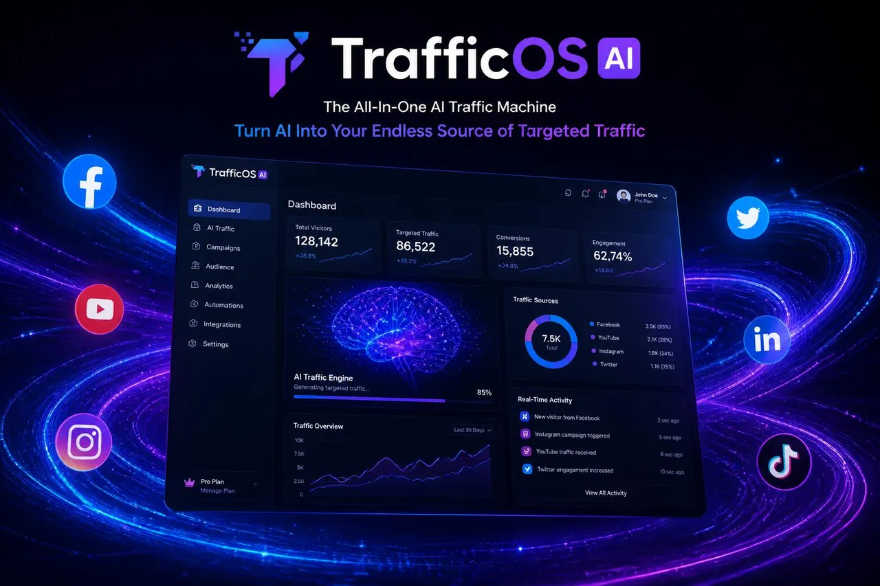 TrafficOS AI Review featured image showing the AI traffic generation dashboard